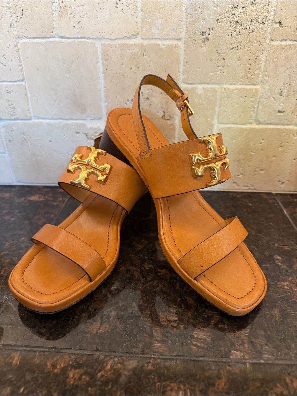 Tory Burch Eleanor Block Heel Leather Sandal Brandy Brown Tan/Dust Bag $390